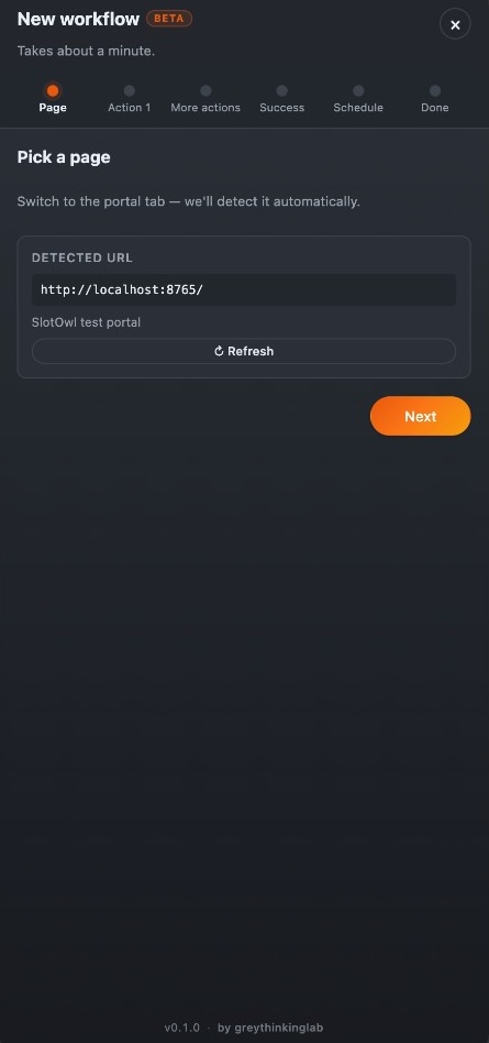 SlotOwl new workflow wizard with stepper showing Page, Action, More actions, Success, Schedule, Done
