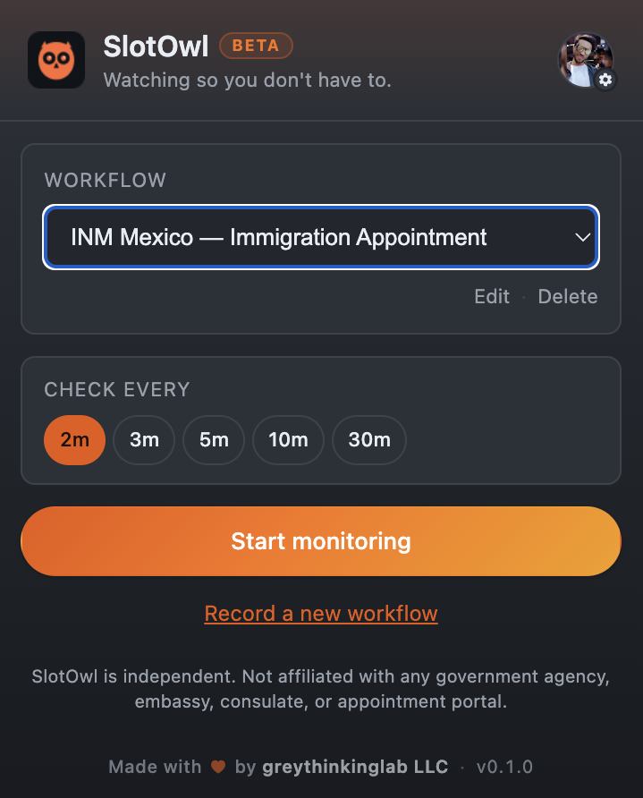 SlotOwl extension popup showing INM Mexico immigration appointment workflow with Start monitoring button